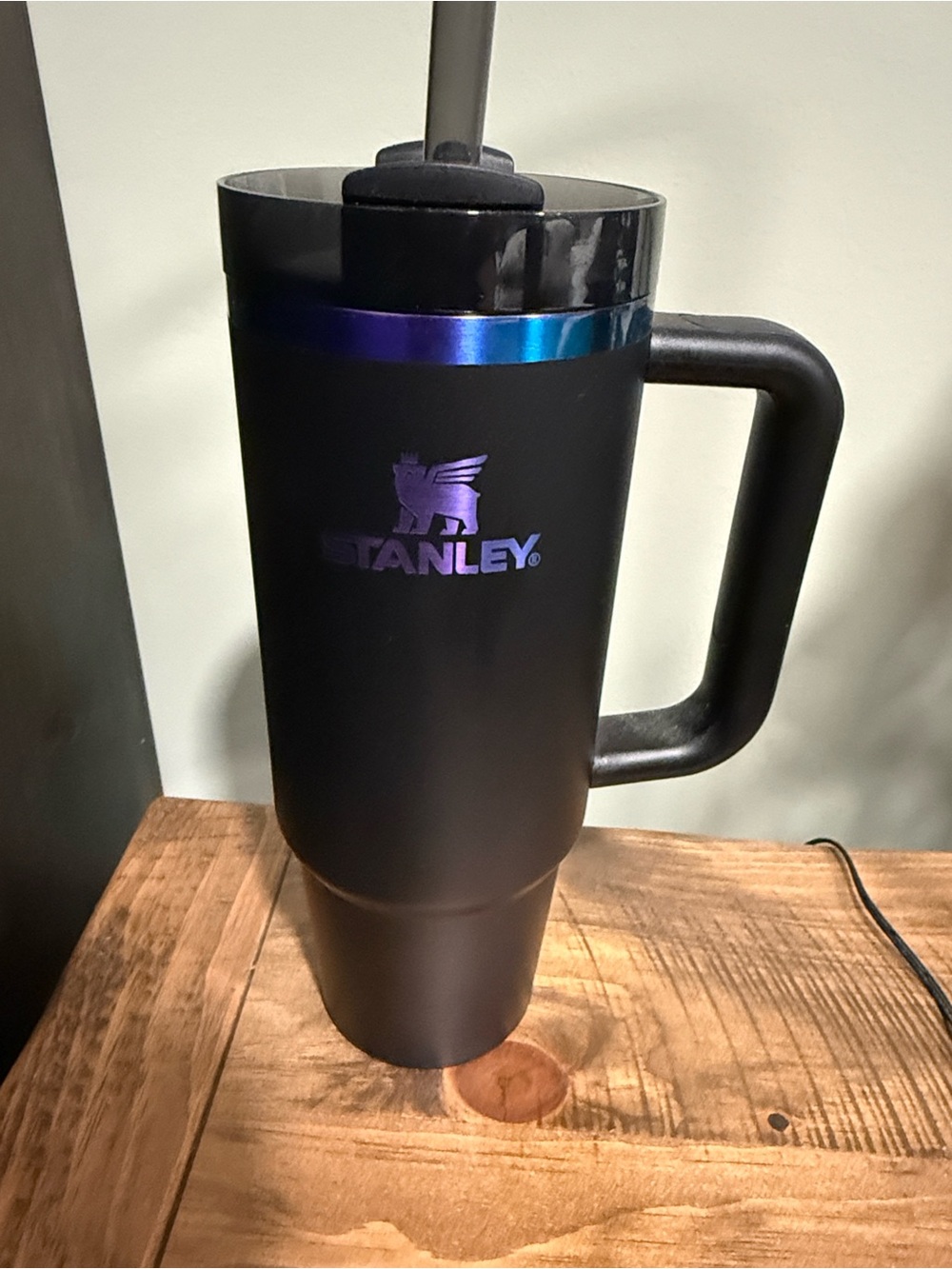 Stanley Black Travel Mug with Iridescent Blue-Purple Trim